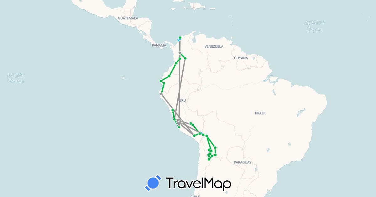 TravelMap itinerary: driving, bus, plane, boat in Bolivia, Colombia, Ecuador, Peru (South America)